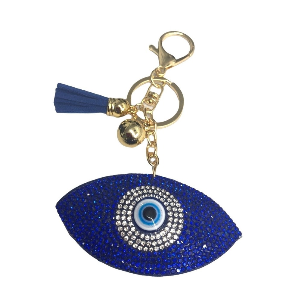 Evil Eye Blue Rhinestone Key Chain with Gold Chain and Latch
